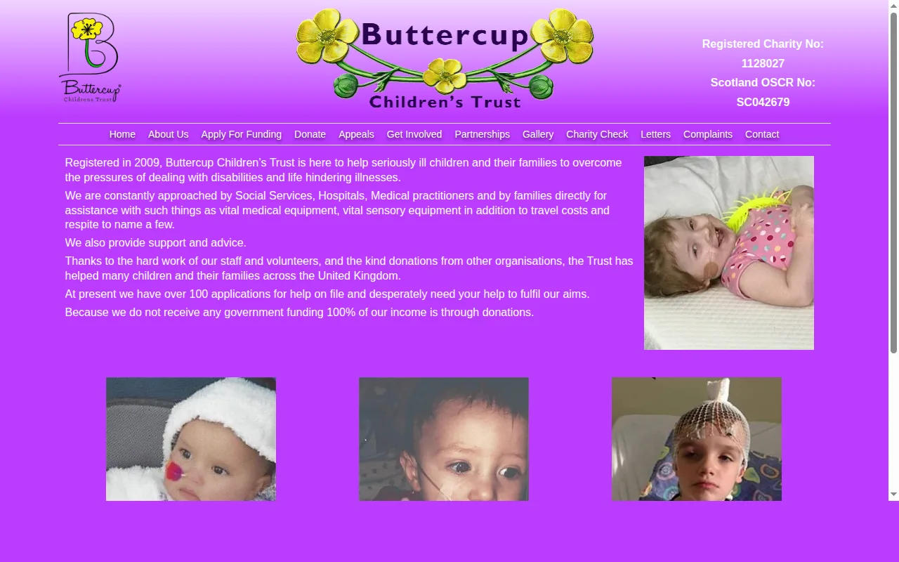 Archived homepage of the old Buttercup Children's Trust website.