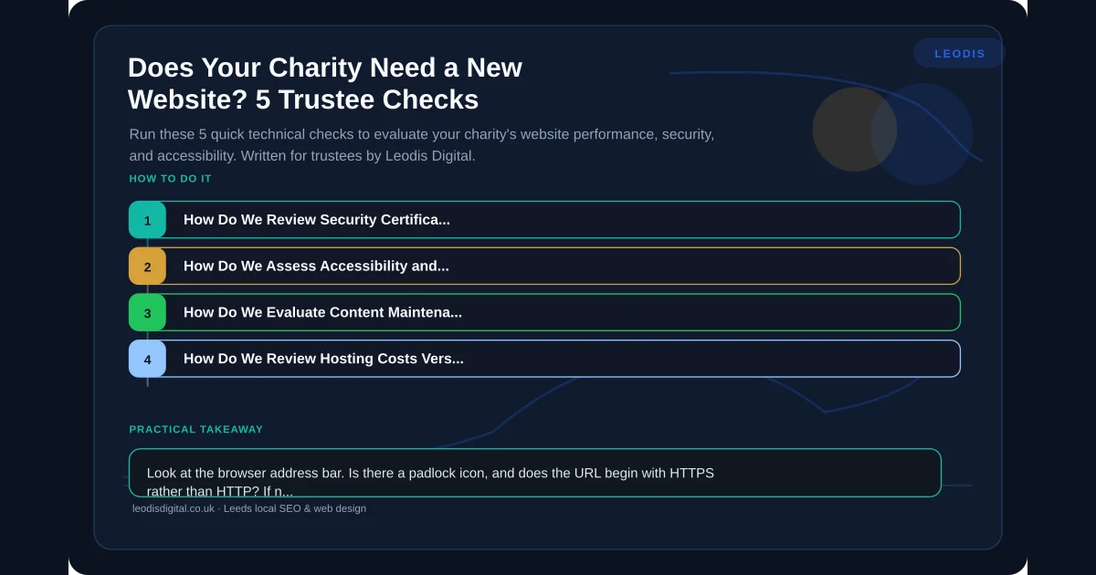 Does Your Charity Need a New Website? 5 Trustee Checks — infographic summarising the key practical points for local business owners in Leeds and Yorkshire.