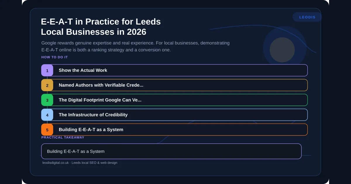 E-E-A-T in Practice for Leeds Local Businesses in 2026 β infographic summarising the key practical points for local business owners in Leeds and Yorkshire.