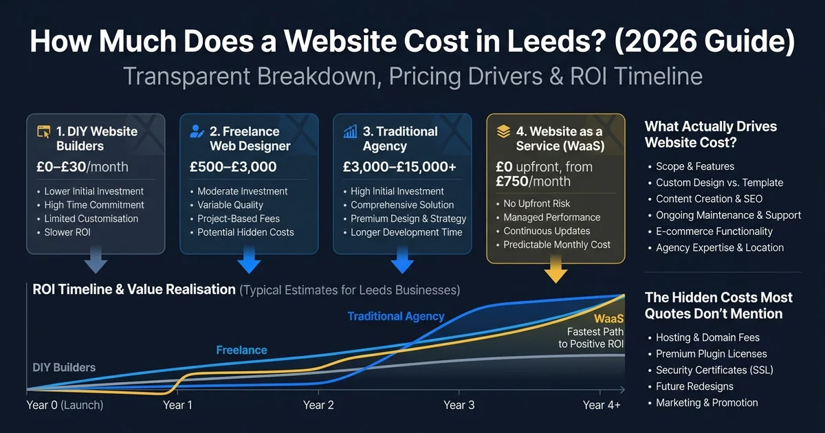 Website cost comparison for Leeds businesses in 2026 showing DIY builders, freelancer, agency, and WaaS pricing with ROI timeline