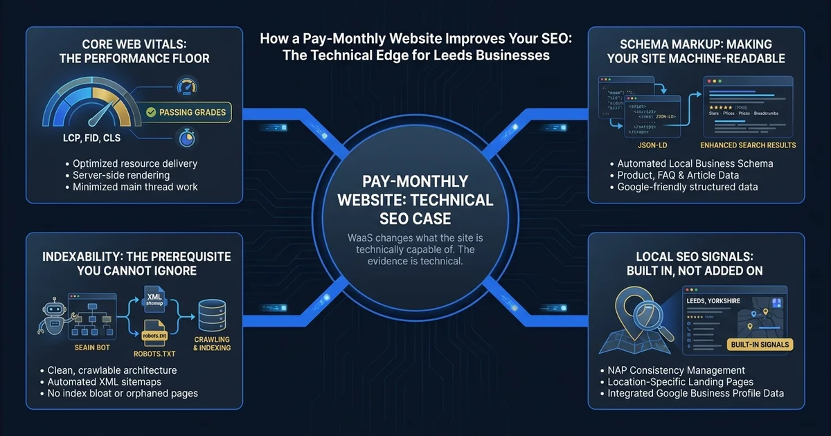How a Pay-Monthly Website Improves Your SEO — visual guide for Leeds and Yorkshire businesses.