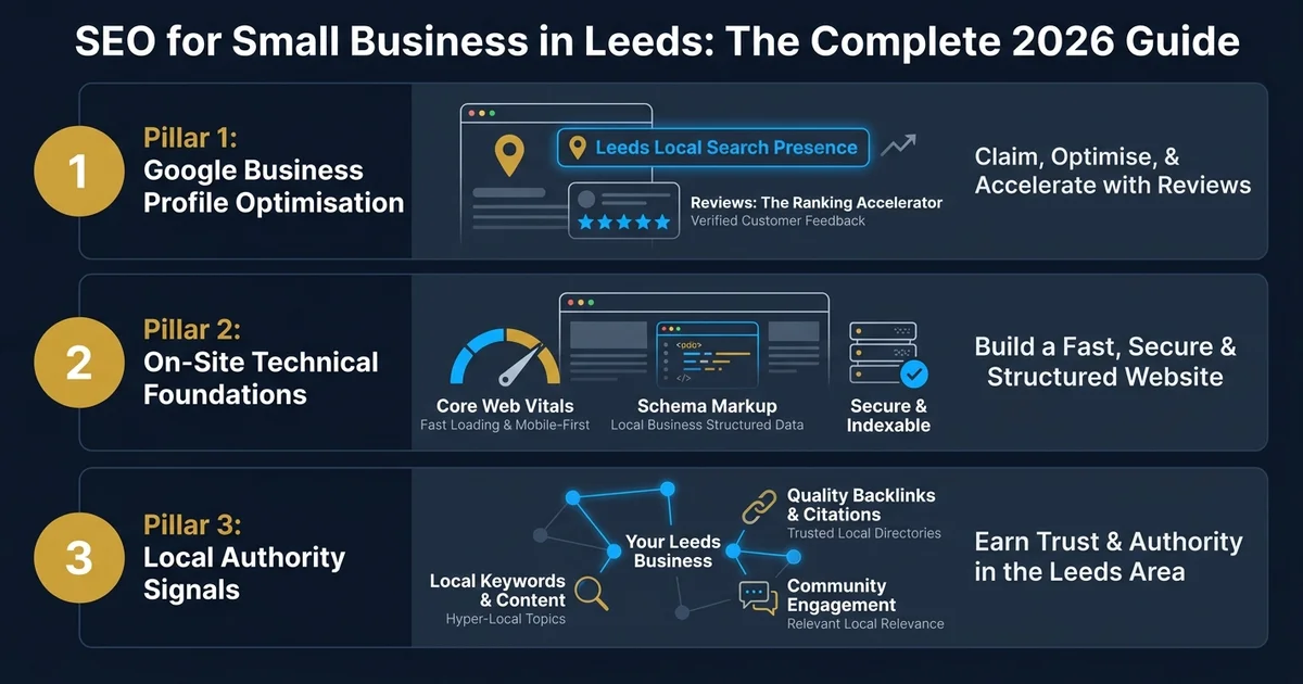 Local SEO strategy for Leeds small businesses covering Google Business Profile, technical foundations, authority signals, reviews, and performance monitoring