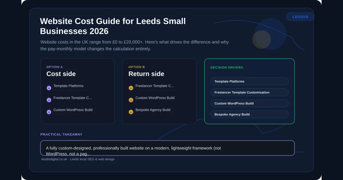 Website Cost Guide for Leeds Small Businesses 2026 — infographic summarising the key practical points for local business owners in Leeds and Yorkshire.