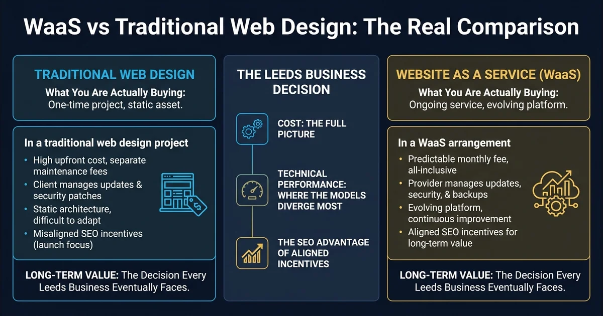 WaaS vs Traditional Web Design: The Real Comparison — visual guide for Leeds and Yorkshire businesses.