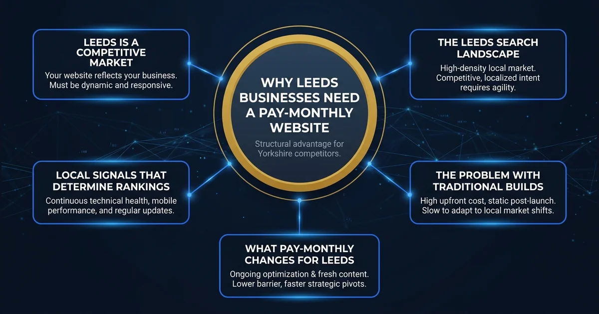 Why Leeds Businesses Need a Pay-Monthly Website — visual guide for Leeds and Yorkshire businesses.