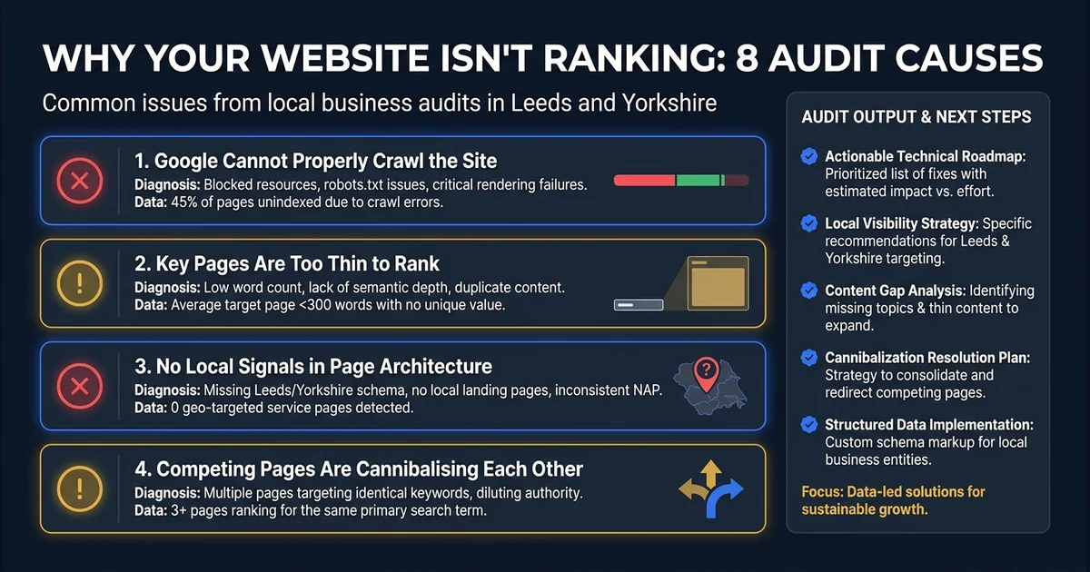 Why Your Website Isn't Ranking: 8 Local SEO Audit Causes - visual guide for UK businesses.